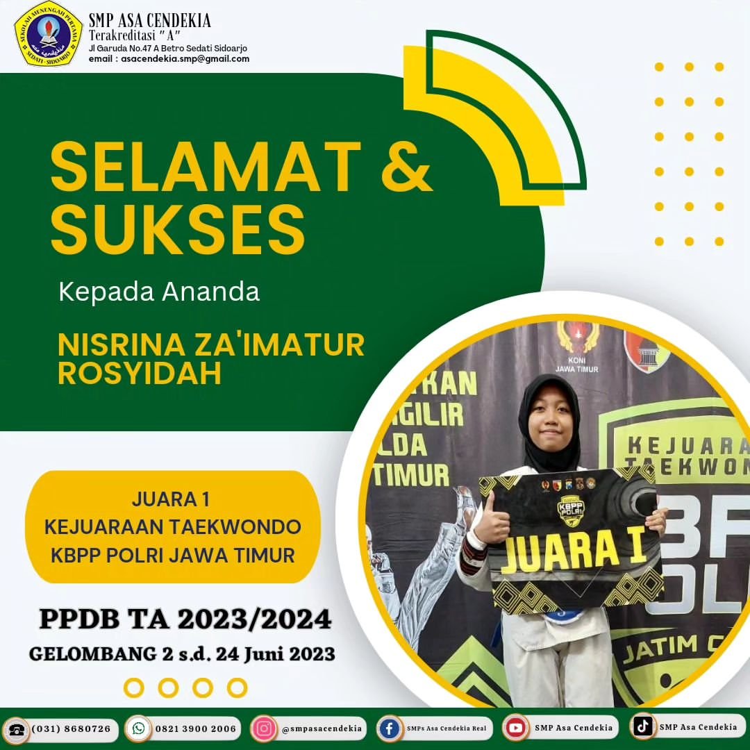 Nisrina Za'imatur Rosyidah meraih juara 1 taekwondo